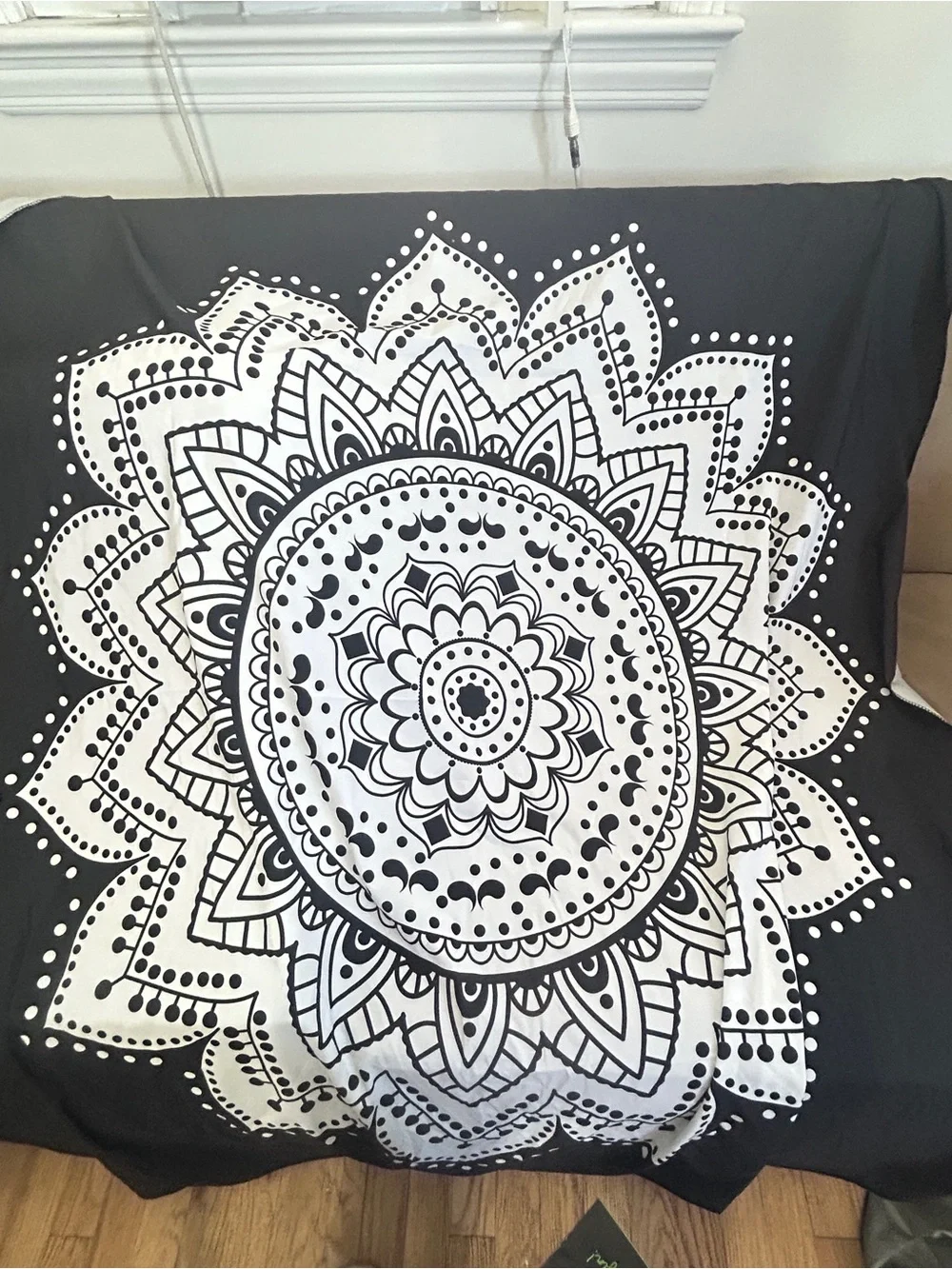 A banner that is Black and White Mandala Wall Tapestry - Home Wall Decor